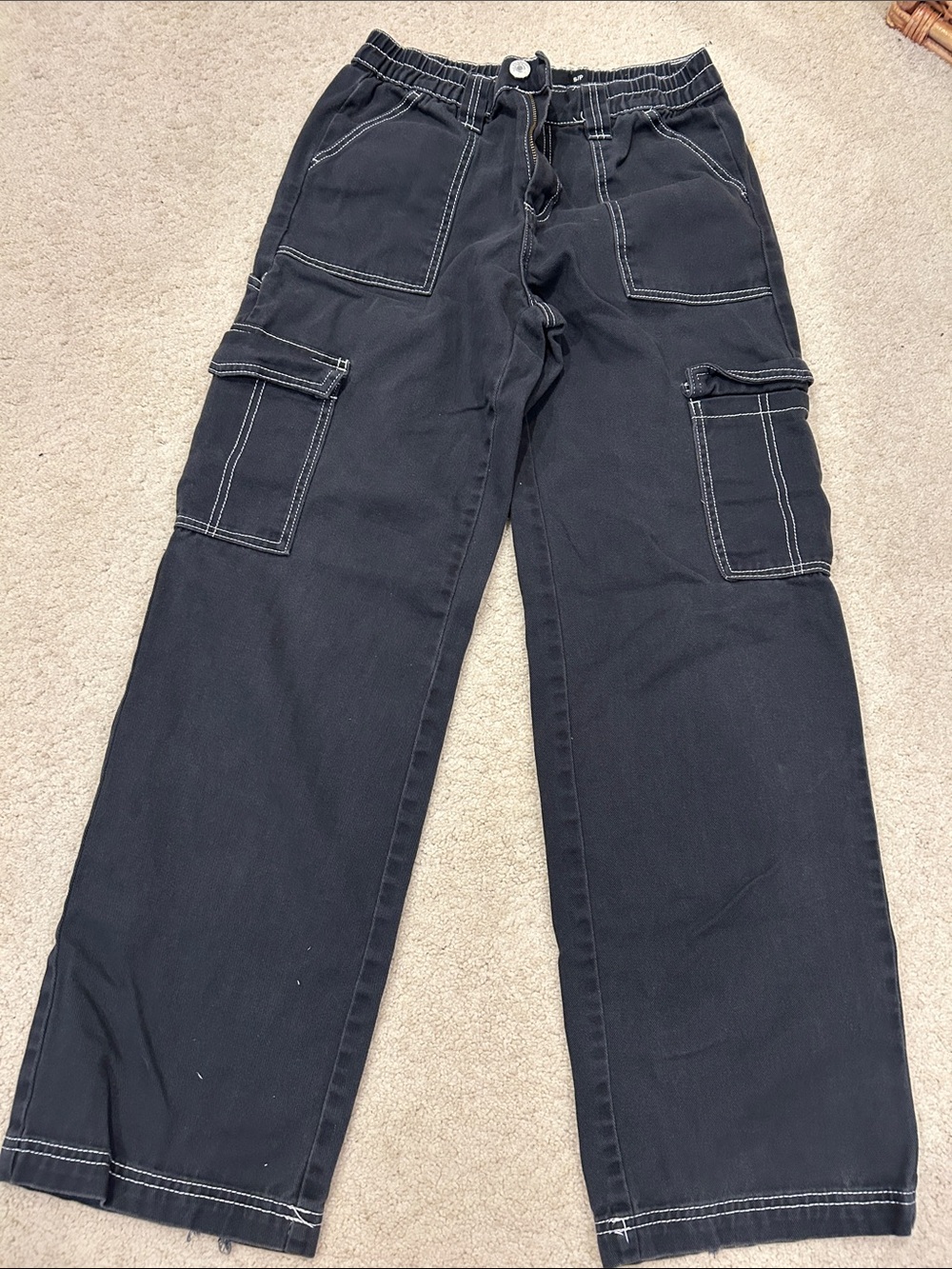Refuge Womens Black Cargo Pants with White Stitching